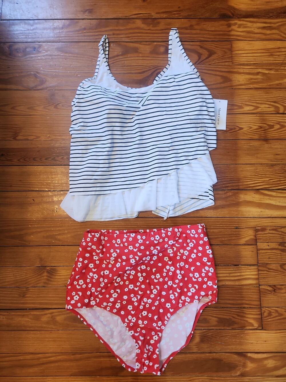Striped White & Black Tankini Top with Red Floral High-Waist Bottom - Women Swim